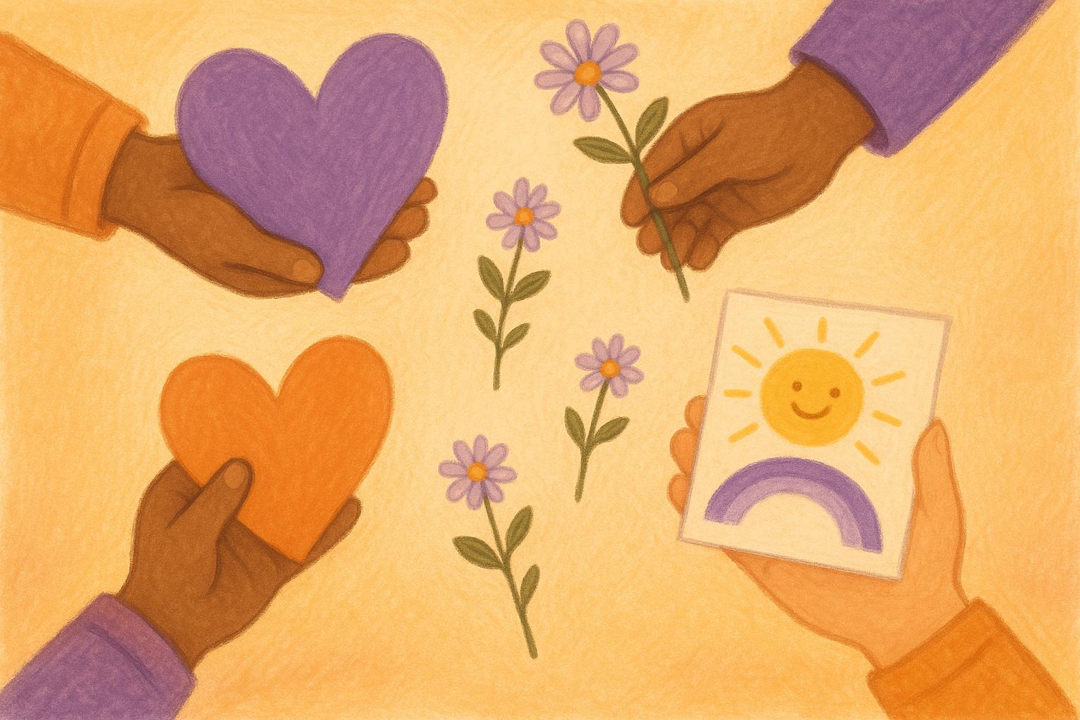 Children's hands holding symbols of hope and healing - paper hearts, colorful drawings, and small flowers