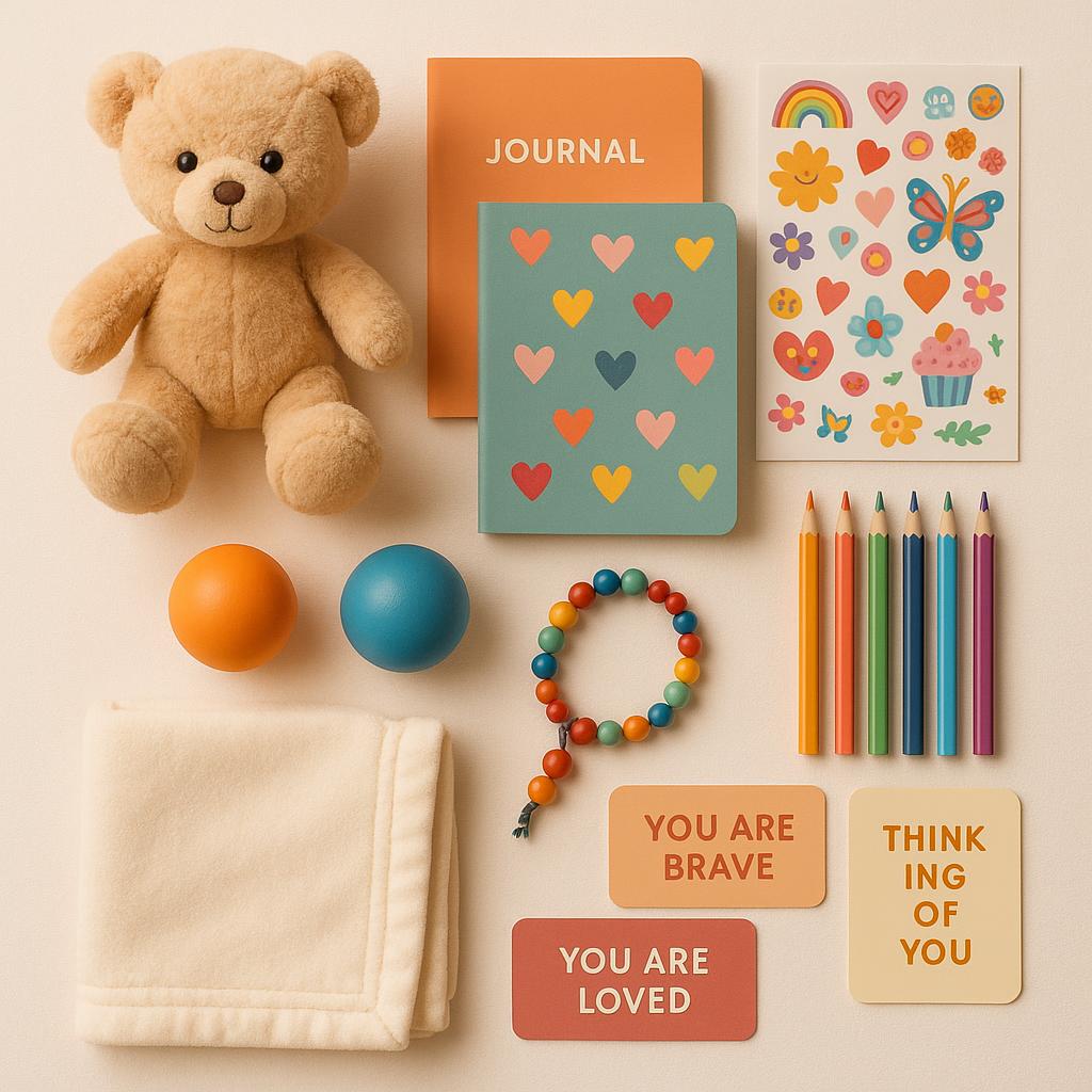 A beautifully arranged comfort kit showing teddy bear, journals, stickers, stress balls, worry beads, coloring materials, and encouraging note cards